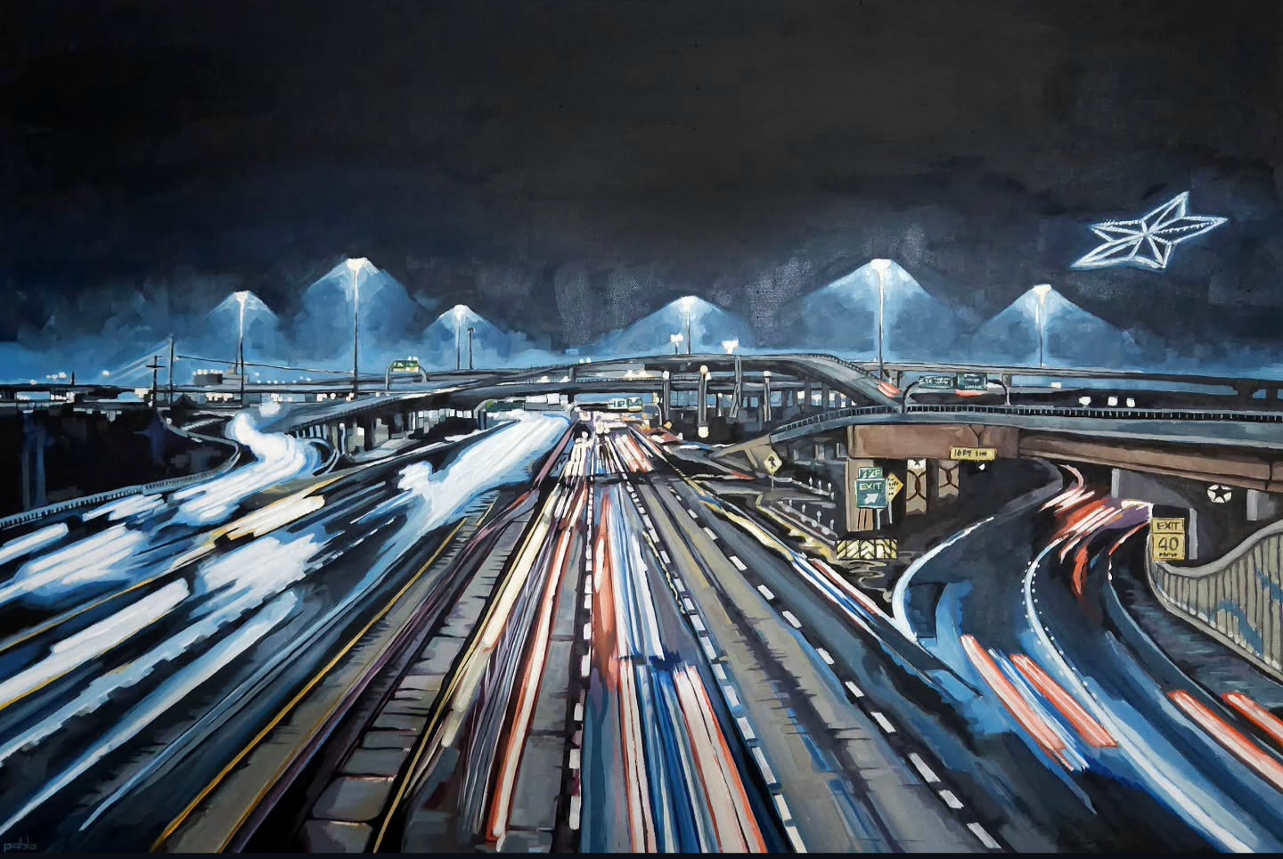 Nighttime painting of El Paso highways and the illuminated star on the mountain